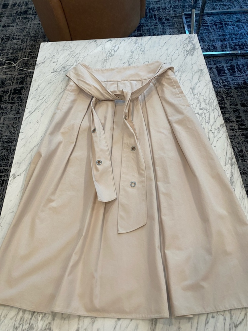 MaxMara Neutral Beige Midi A-Line Skirt with Tie Waist